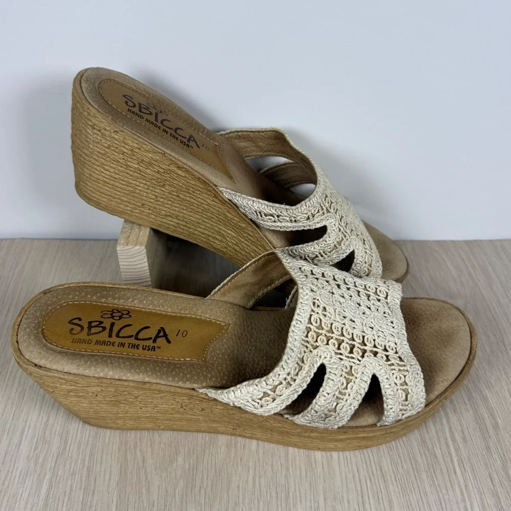 Wedge Sandals Sbicca Womens 10 Cream Crochet Knit Boho Platform Slides